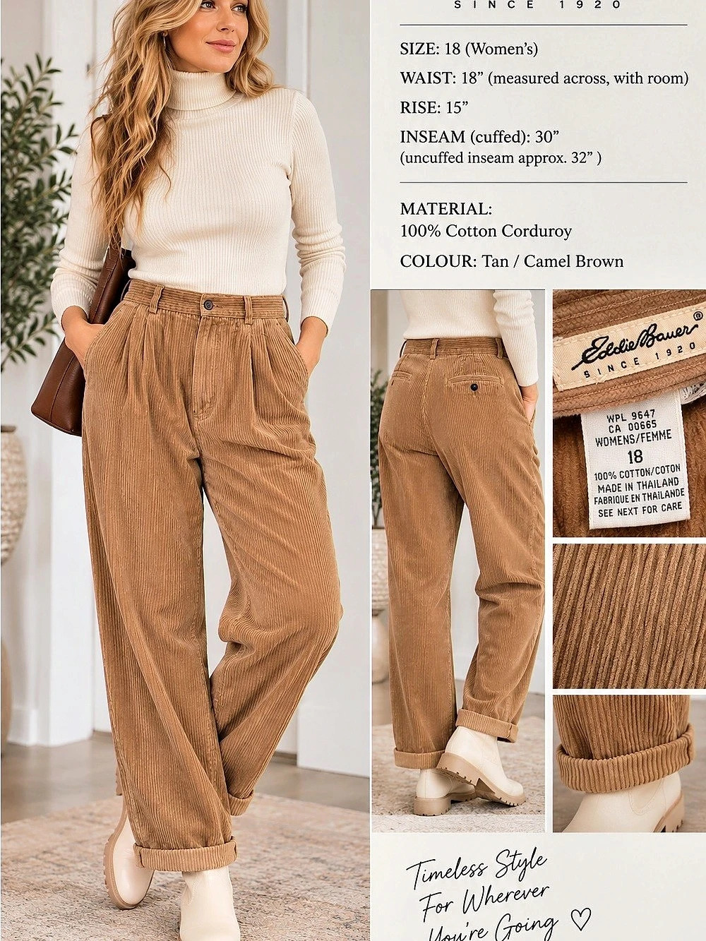 Eddie Bauer Corduroy Pants Brown Size 18 Like New